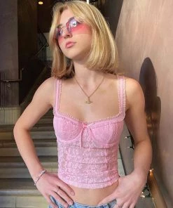 Trendy & Unique Sweet Style Frilled Scoop Neck Sheer Lace Crop Tank Top - Pink