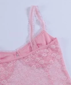 Trendy & Unique Sweet Style Frilled Scoop Neck Sheer Lace Crop Tank Top - Pink 7 Trendy & Unique Sweet Style Frilled Scoop Neck Sheer Lace Crop Tank Top - Pink