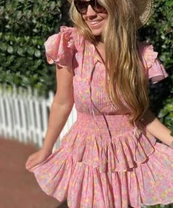 Trendy & Unique Sweet Style Frilled Tiered Ruffle Floral Printed Mini Dress - Pink What's New