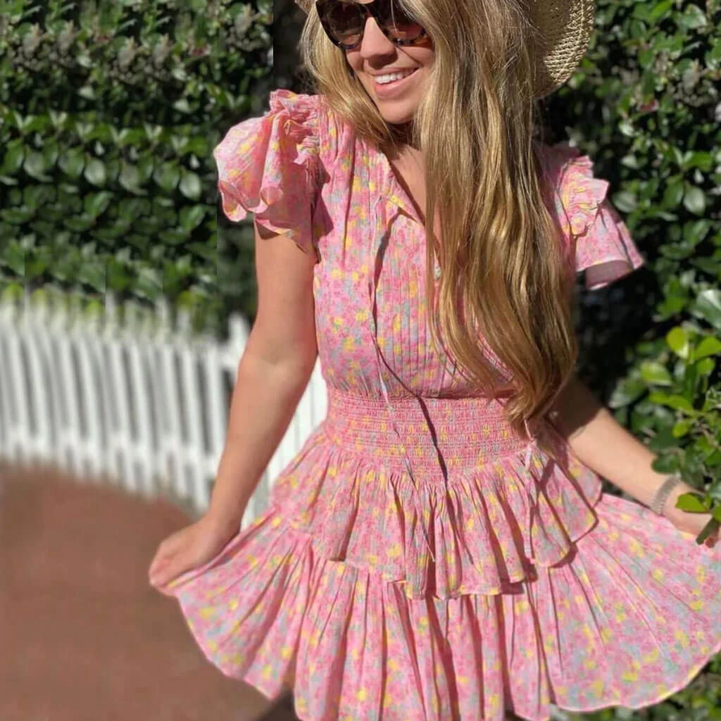 Trendy & Unique Sweet Style Frilled Tiered Ruffle Floral Printed Mini Dress - Pink What's New 4 Trendy & Unique Sweet Style Frilled Tiered Ruffle Floral Printed Mini Dress - Pink What's New