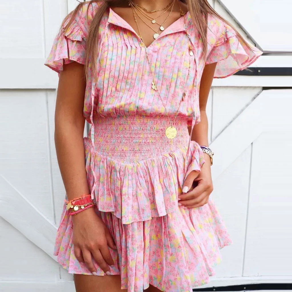 Trendy & Unique Sweet Style Frilled Tiered Ruffle Floral Printed Mini Dress - Pink What's New 3 Trendy & Unique Sweet Style Frilled Tiered Ruffle Floral Printed Mini Dress - Pink What's New