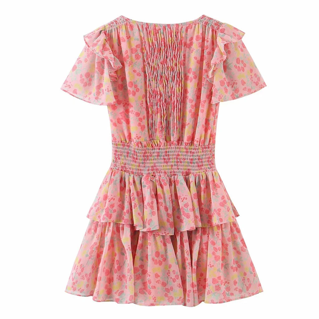 Trendy & Unique Sweet Style Frilled Tiered Ruffle Floral Printed Mini Dress - Pink What's New 6 Trendy & Unique Sweet Style Frilled Tiered Ruffle Floral Printed Mini Dress - Pink What's New