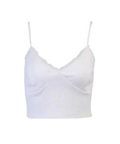 Trendy & Unique Sweet Style Lace Trim V Neck Rib Knit Crop Top - White