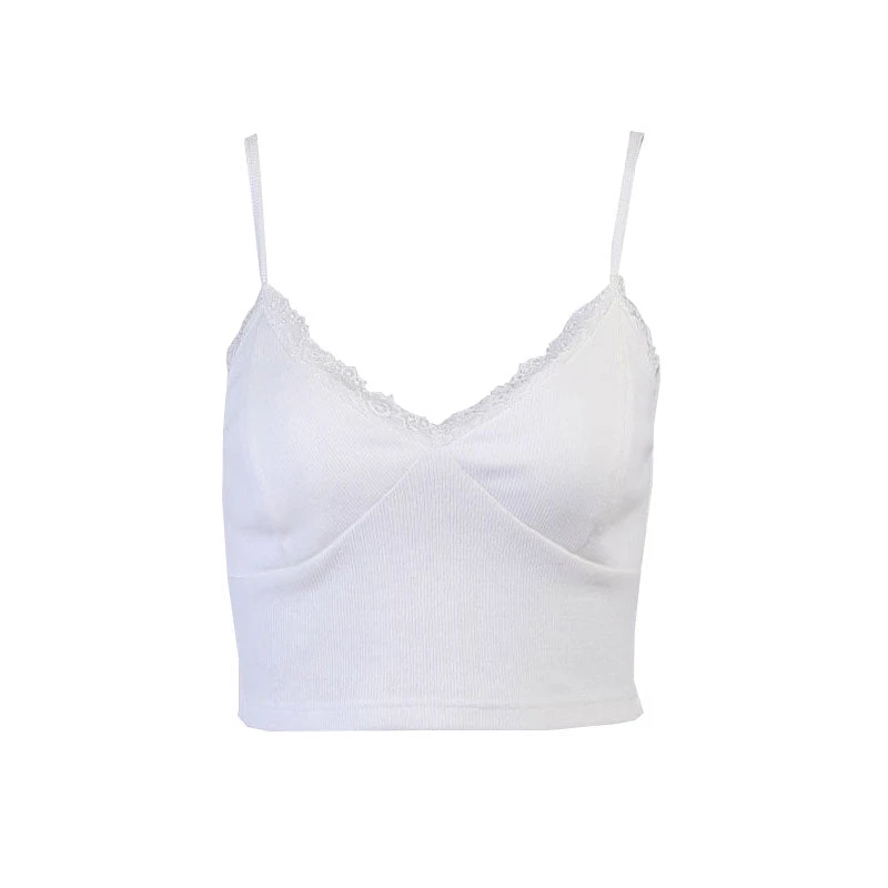 Trendy & Unique Sweet Style Lace Trim V Neck Rib Knit Crop Top - White 4 Trendy & Unique Sweet Style Lace Trim V Neck Rib Knit Crop Top - White