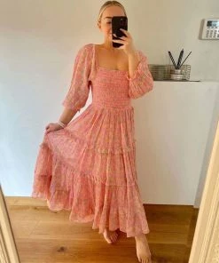 Trendy & Unique Sweet Style Printed Puff Sleeve High Slit Smock Midi Dress - Pink