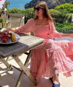 Trendy & Unique Sweet Style Printed Puff Sleeve High Slit Smock Midi Dress - Pink