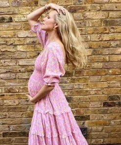 Trendy & Unique Sweet Style Printed Puff Sleeve High Slit Smock Midi Dress - Pink