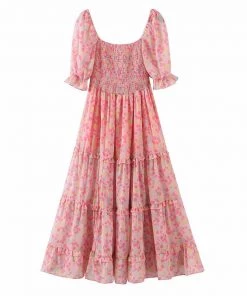 Trendy & Unique Sweet Style Printed Puff Sleeve High Slit Smock Midi Dress - Pink