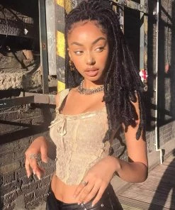 Trendy & Unique Sweet Style Scoop Neck Ruffle Lace Crop Tank Top - Apricot What's New