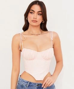 Trendy & Unique Sweet Style Tie String Ruched Bustier Crop Corset Top - Pink