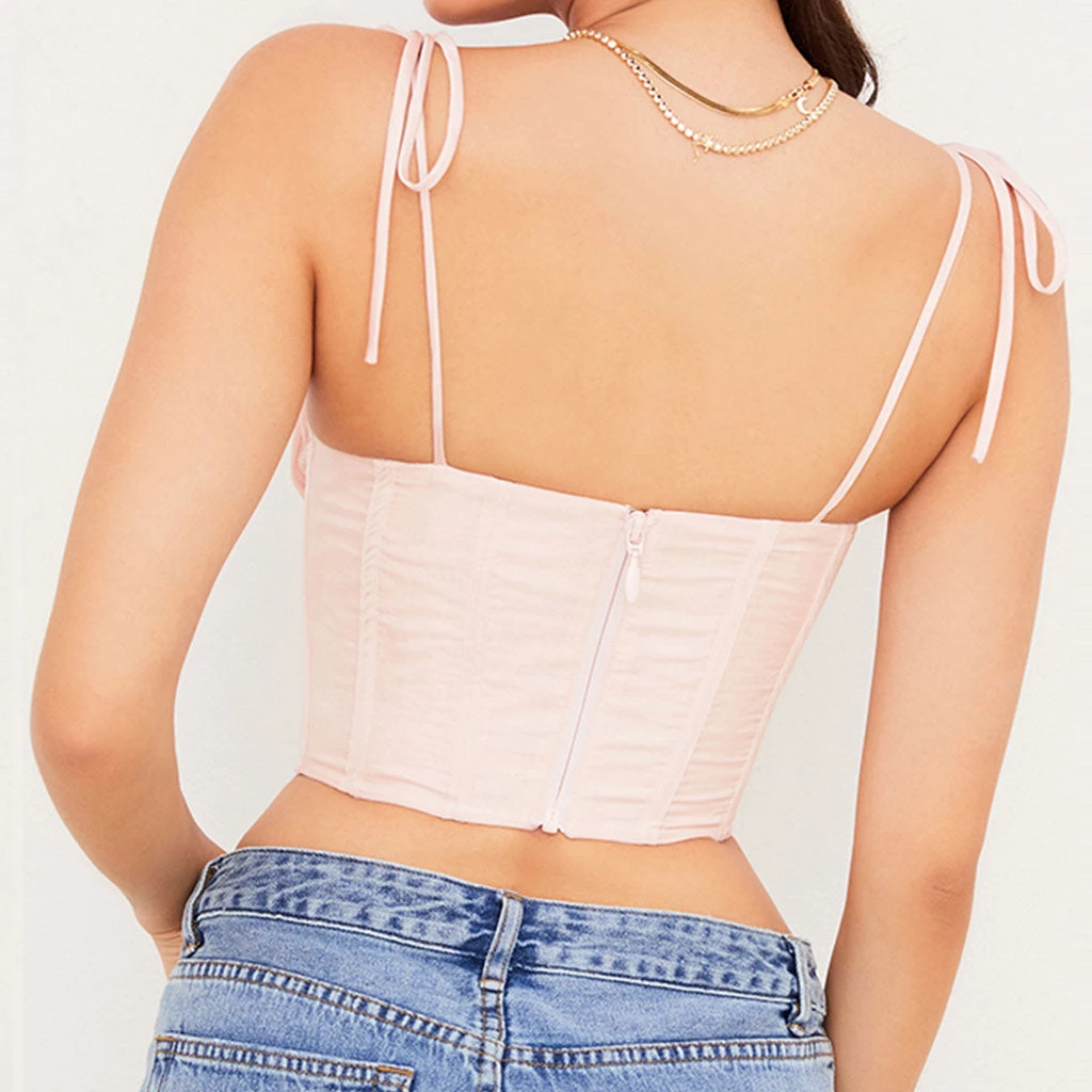 Trendy & Unique Sweet Style Tie String Ruched Bustier Crop Corset Top - Pink 5 Trendy & Unique Sweet Style Tie String Ruched Bustier Crop Corset Top - Pink