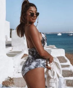 Trendy & Unique What's New Tie Dye Lace Up Ruffle Deep V Halter One Piece Swimsuit - Gray