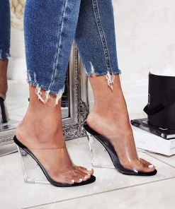Trendy & Unique Chic Transparent Peep Toe Clear Block Heel Wedge Sandals - Black What's New