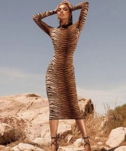 Trendy & Unique Trendy Animal Print High Neck Long Sleeve Midi Dress - Tiger