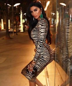 Trendy & Unique Trendy Animal Print High Neck Long Sleeve Midi Dress - Tiger 7 Trendy & Unique Trendy Animal Print High Neck Long Sleeve Midi Dress - Tiger