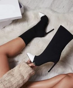 Trendy & Unique Trendy Bicolor Panel Pointed Toe High Heeled Ankle Boots - White What's New