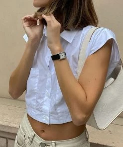 Trendy & Unique What's New Trendy Collared Short Sleeve Button Down Crop Blouse - White