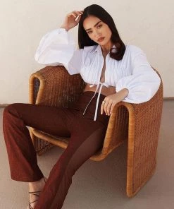 Trendy & Unique Trendy Collared V Neck Tied Front Bishop Sleeve Crop Blouse - White What's New