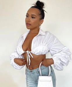 Trendy & Unique Trendy Collared V Neck Tied Front Bishop Sleeve Crop Blouse - White What's New