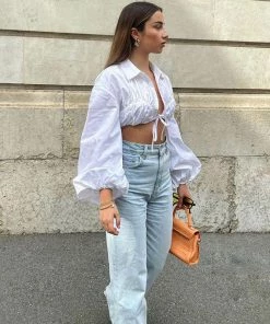 Trendy & Unique Trendy Collared V Neck Tied Front Bishop Sleeve Crop Blouse - White What's New