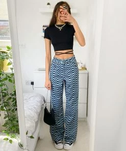 Trendy & Unique Trendy Color Block Wavy Printed High Waist Straight Pants - Blue