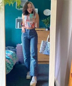 Trendy & Unique Trendy Color Block Wavy Printed High Waist Straight Pants - Blue