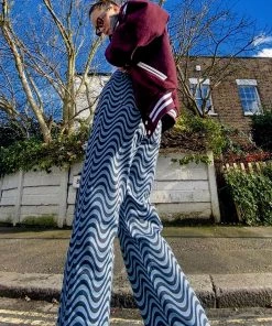 Trendy & Unique Trendy Color Block Wavy Printed High Waist Straight Pants - Blue