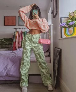 Trendy & Unique Trendy Color Block Wavy Printed High Waist Straight Pants - Green What's New