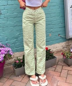 Trendy & Unique Trendy Color Block Wavy Printed High Waist Straight Pants - Green What's New