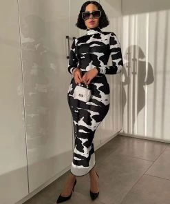 Trendy & Unique Trendy Cow Print Turtleneck Long Sleeve Bodycon Maxi Dress - Black What's New