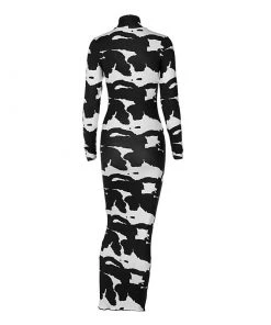 Trendy & Unique Trendy Cow Print Turtleneck Long Sleeve Bodycon Maxi Dress - Black What's New