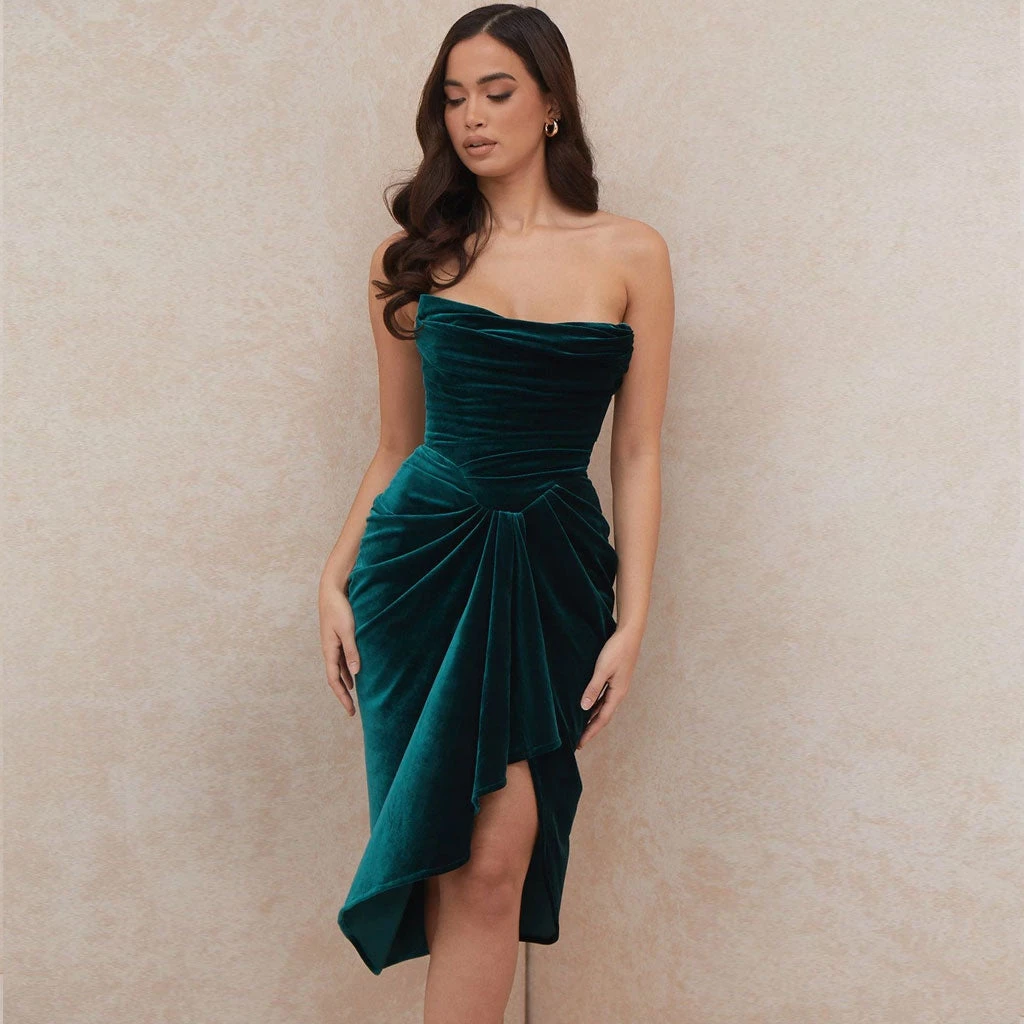 Trendy & Unique Trendy Cowl Neck Strapless Corset Velvet Cocktail Midi Dress - Emerald Green 4 Trendy & Unique Trendy Cowl Neck Strapless Corset Velvet Cocktail Midi Dress - Emerald Green