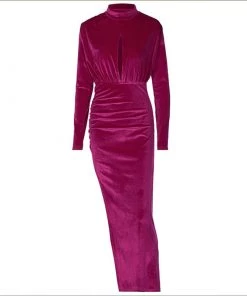 Trendy & Unique What's New Trendy Cut Out High Neck Long Sleeve Ruched Velvet Evening Midi Dress - Rose