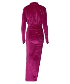 Trendy & Unique What's New Trendy Cut Out High Neck Long Sleeve Ruched Velvet Evening Midi Dress - Rose