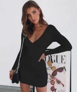 Trendy & Unique Trendy Deep V Neck Long Sleeve Bodycon Party Mini Dress - Black What's New