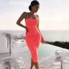 Trendy & Unique Trendy Floss Strap Ruched Bodycon Cocktail Midi Dress - Coral