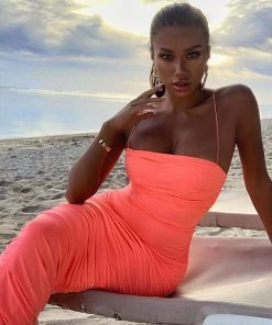 Trendy & Unique Trendy Floss Strap Ruched Bodycon Cocktail Midi Dress - Coral