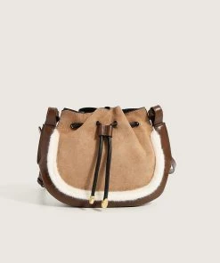 Trendy & Unique Trendy Fluffy Trim Ruffle Drawstring Suede Crossbody Bag - Coffee