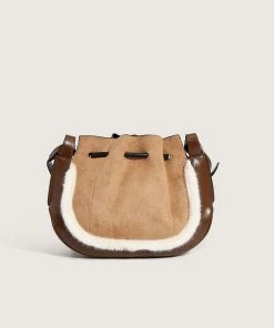 Trendy & Unique Trendy Fluffy Trim Ruffle Drawstring Suede Crossbody Bag - Coffee