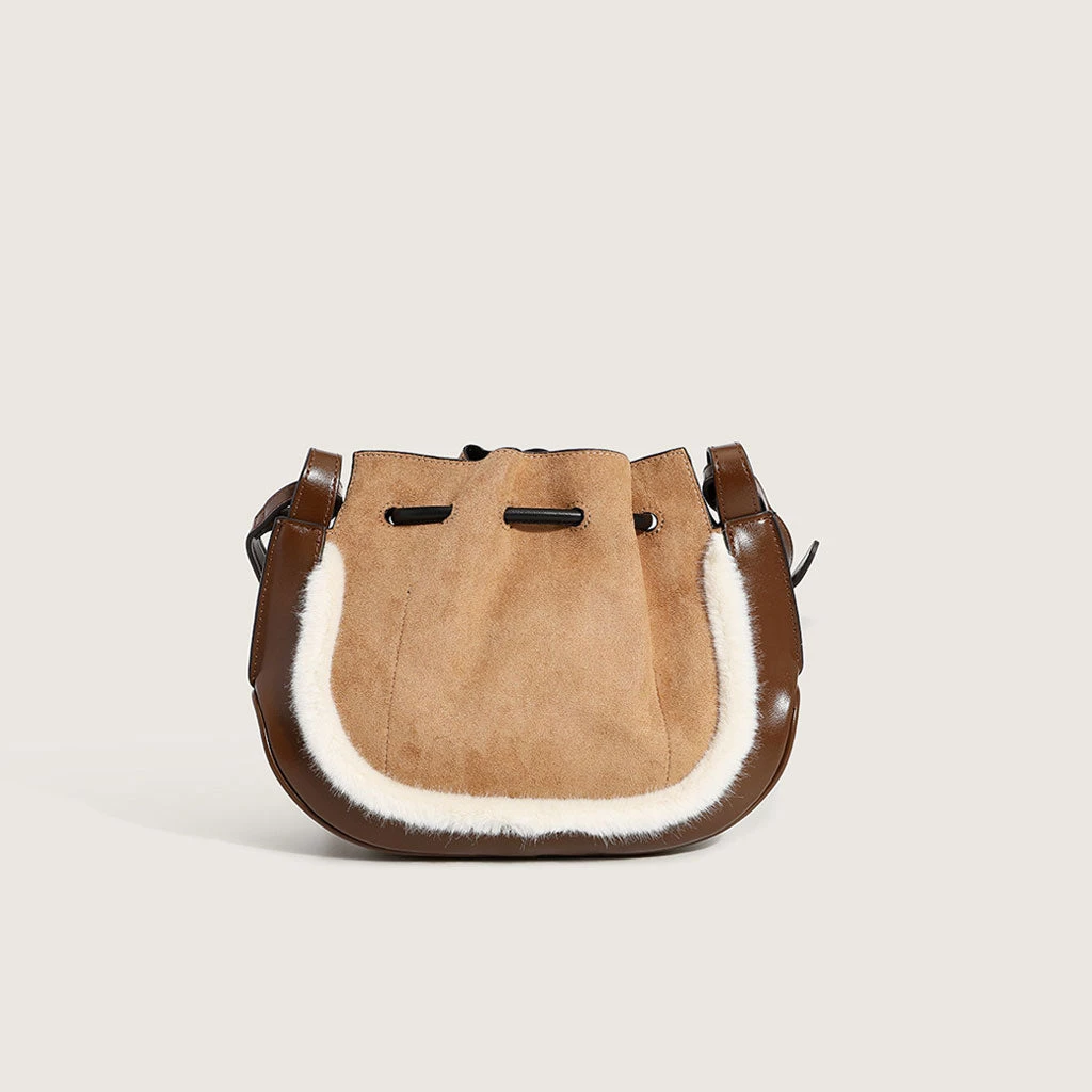 Trendy & Unique Trendy Fluffy Trim Ruffle Drawstring Suede Crossbody Bag - Coffee 4 Trendy & Unique Trendy Fluffy Trim Ruffle Drawstring Suede Crossbody Bag - Coffee