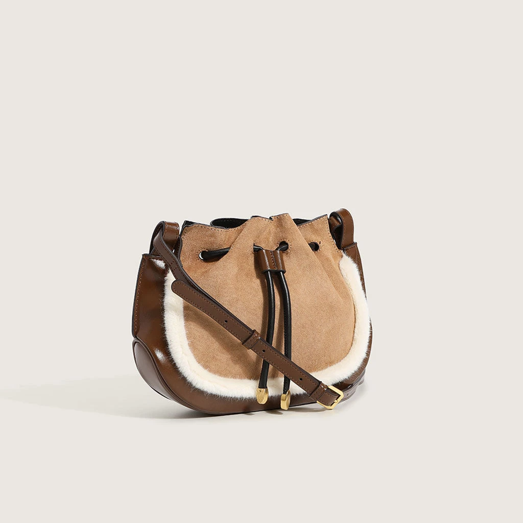 Trendy & Unique Trendy Fluffy Trim Ruffle Drawstring Suede Crossbody Bag - Coffee 5 Trendy & Unique Trendy Fluffy Trim Ruffle Drawstring Suede Crossbody Bag - Coffee