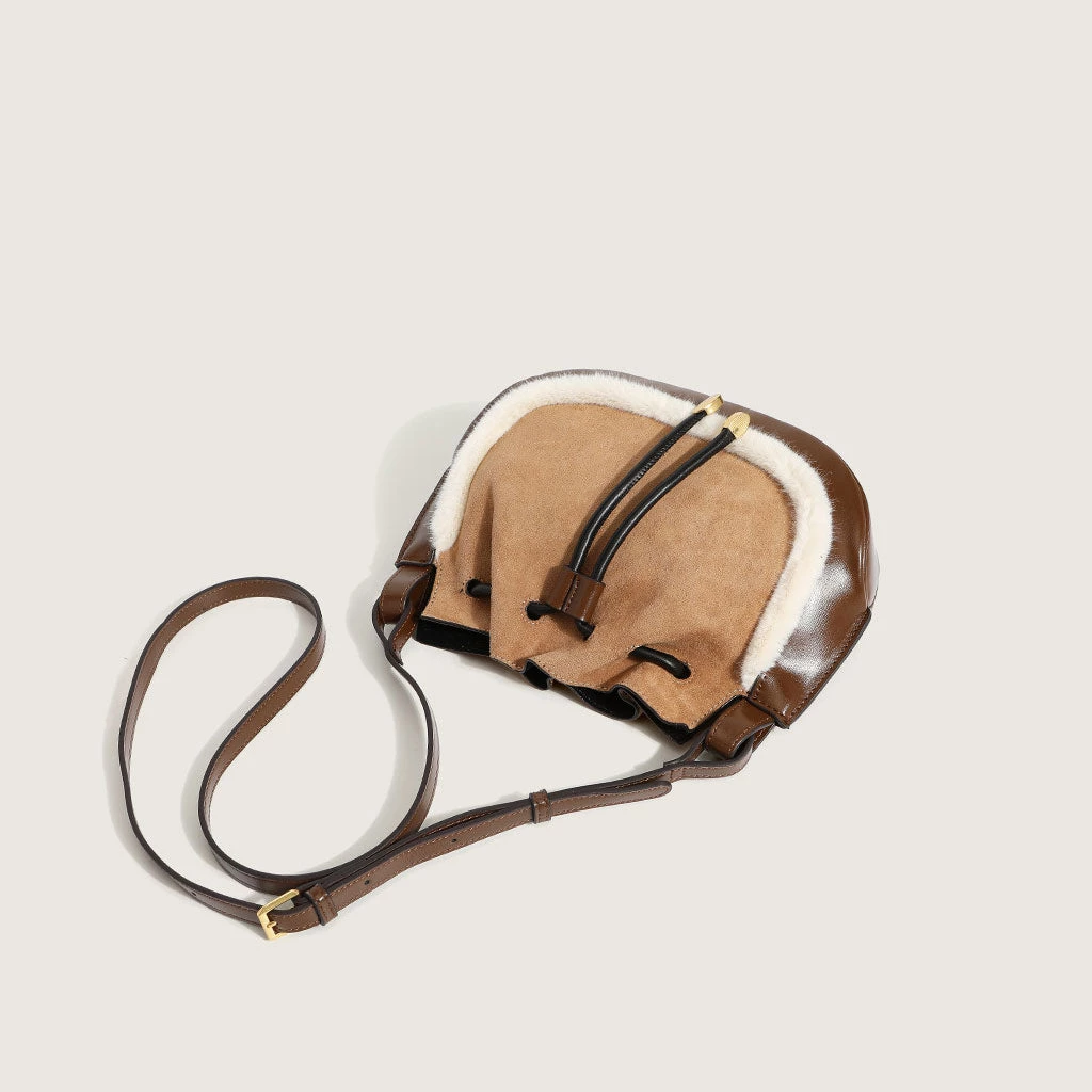 Trendy & Unique Trendy Fluffy Trim Ruffle Drawstring Suede Crossbody Bag - Coffee 6 Trendy & Unique Trendy Fluffy Trim Ruffle Drawstring Suede Crossbody Bag - Coffee