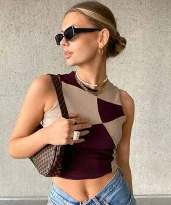 Trendy & Unique Trendy Geometric Print Crew Neck Rib Crop Tank Top - Fuchsia