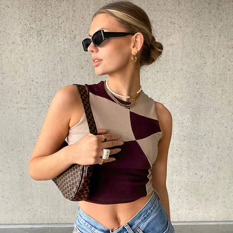 Trendy & Unique Trendy Geometric Print Crew Neck Rib Crop Tank Top - Fuchsia 4 Trendy & Unique Trendy Geometric Print Crew Neck Rib Crop Tank Top - Fuchsia