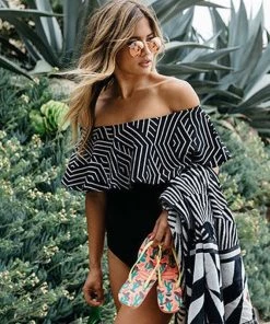 Trendy & Unique Trendy Geometric Ruffle Off Shoulder One Piece Swimsuit - Black What's New
