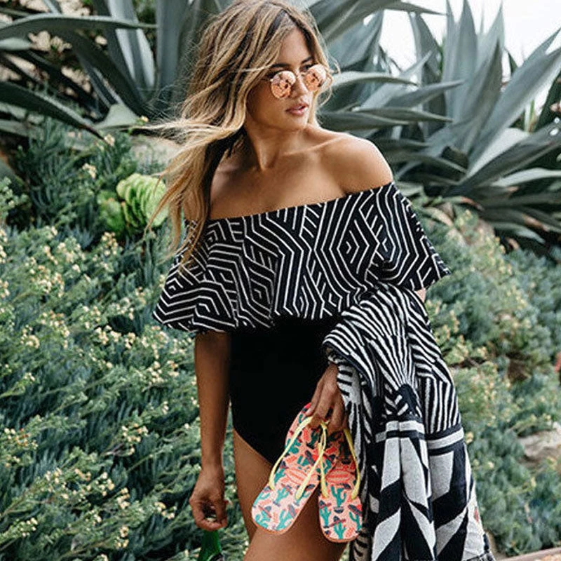 Trendy & Unique Trendy Geometric Ruffle Off Shoulder One Piece Swimsuit - Black What's New 4 Trendy & Unique Trendy Geometric Ruffle Off Shoulder One Piece Swimsuit - Black What's New