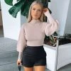 Trendy & Unique What's New Trendy High Neck Bishop Sleeve Cropped Pullover Sweater - Pink
