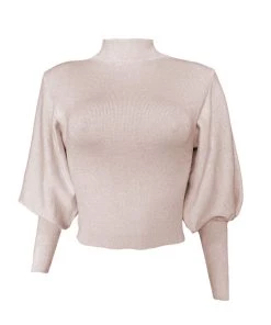 Trendy & Unique What's New Trendy High Neck Bishop Sleeve Cropped Pullover Sweater - Pink