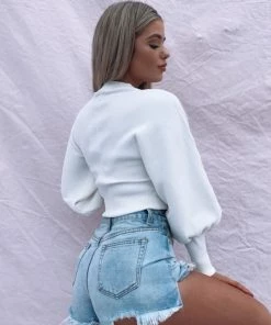 Trendy & Unique Trendy High Neck Bishop Sleeve Cropped Pullover Sweater - White