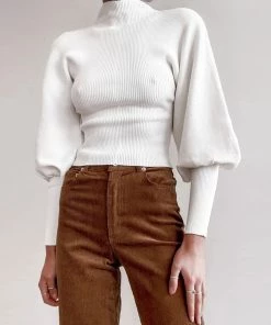 Trendy & Unique Trendy High Neck Bishop Sleeve Cropped Pullover Sweater - White